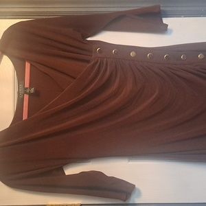 Ralph Lauren brown Vneck jersey dress,3/4 length sleeves, side gold buttons